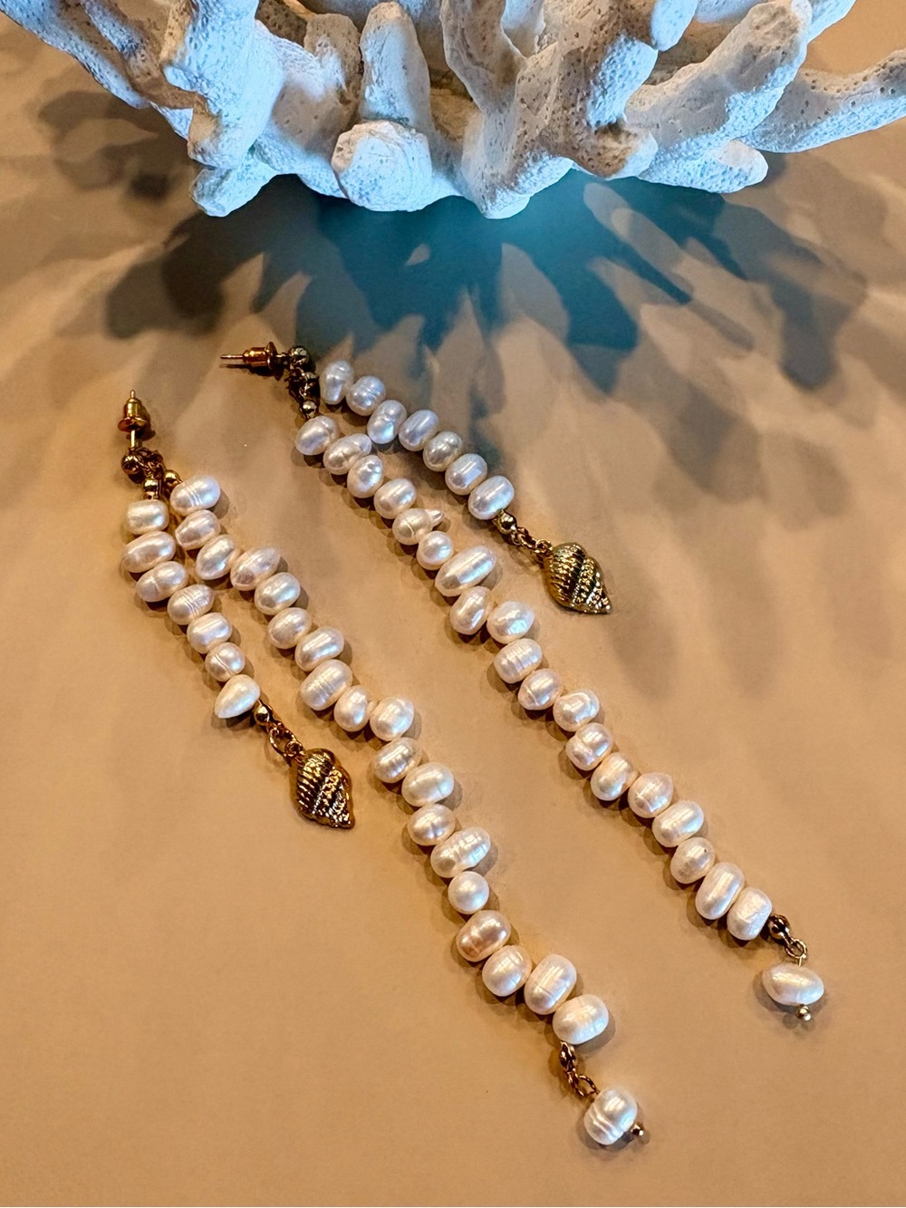 NWOT Freshwater Pearl Earrings with Gold-Plated Shell Charms